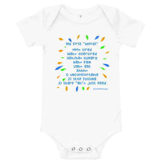 Baby Language Onesie - Blue Writing - Brainchild Designs