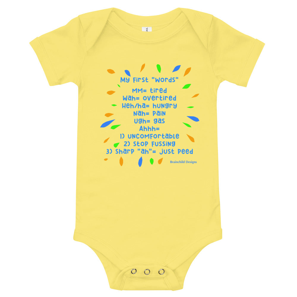 Baby Language Onesie - Blue Writing - Brainchild Designs