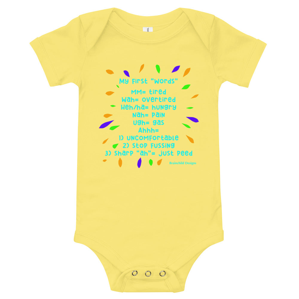 Baby Language Onesie - Turquoise Writing - Brainchild Designs