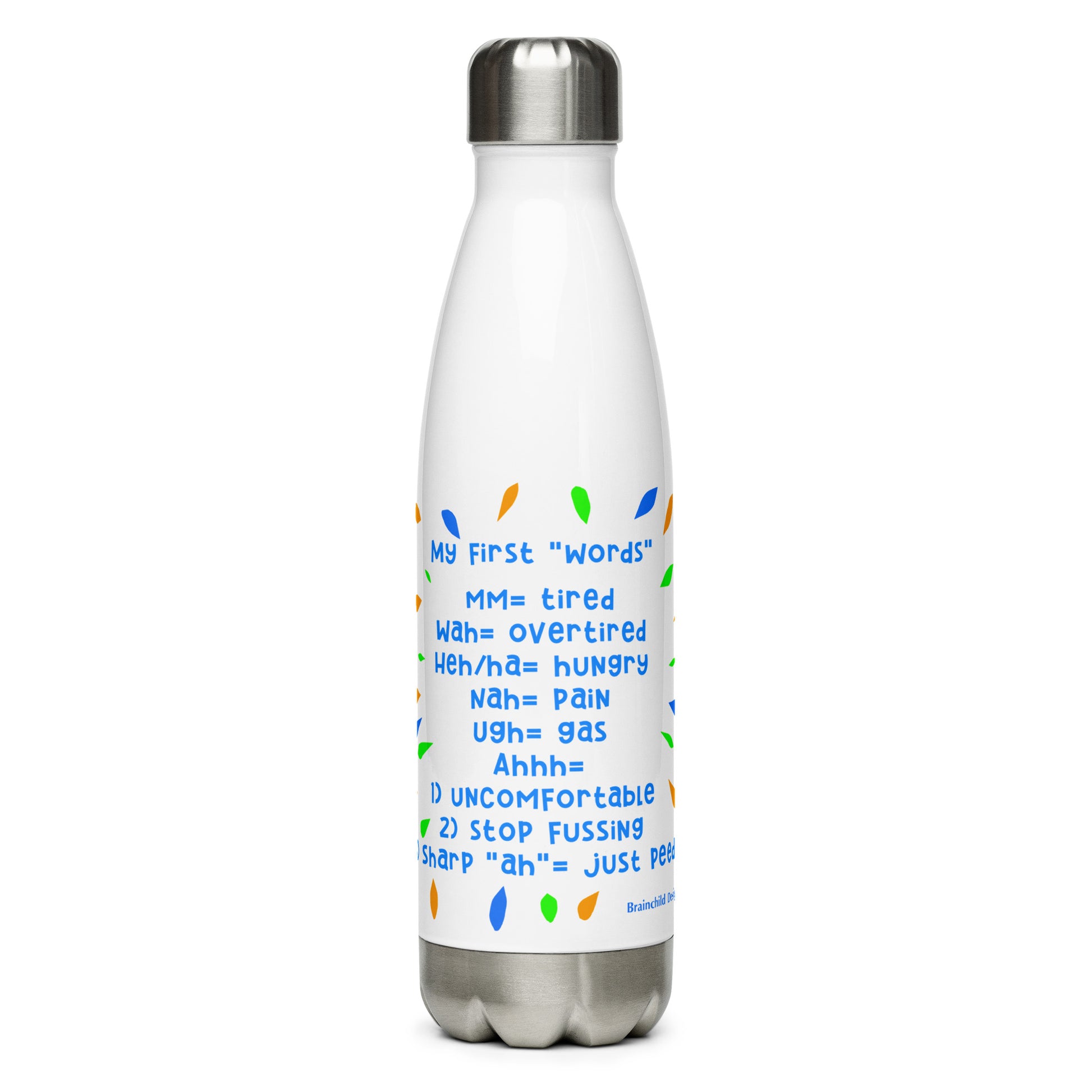 Baby Language - Blue Writing - Stainless Steel Water Bottle - Brainchild Designs