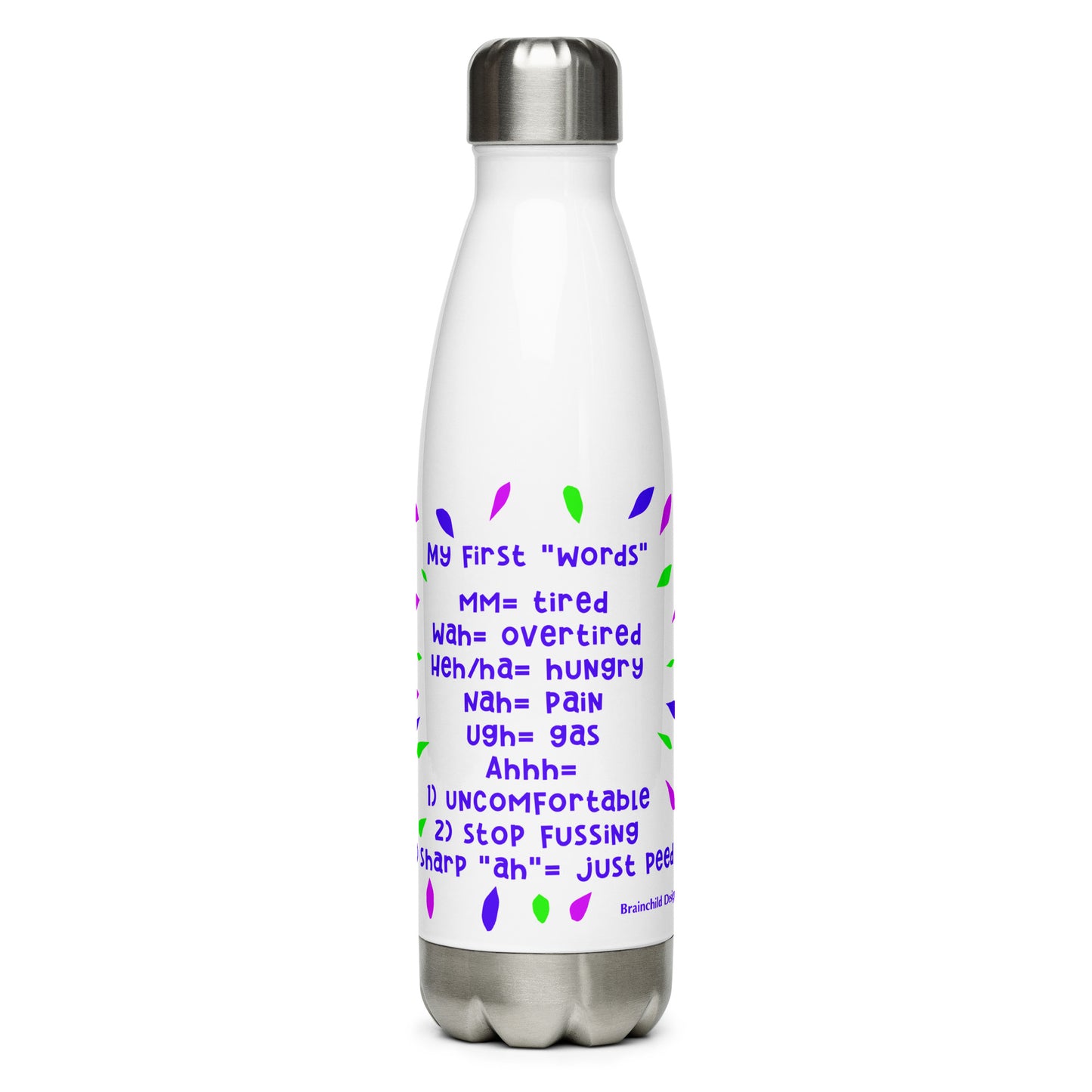 Baby Language - Purple Writing - Stainless Steel Water Bottle - Brainchild Designs