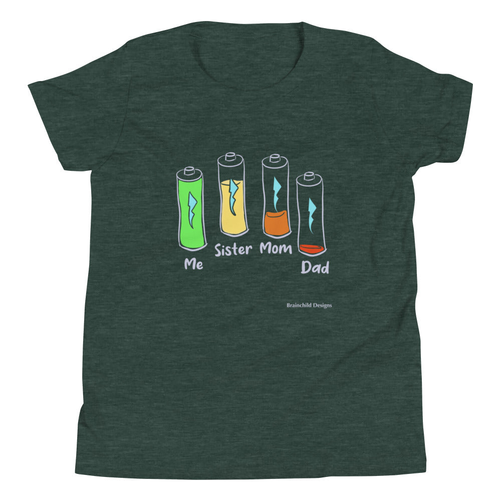 Battery - 4 With Sister, Tired Dad - Youth Short Sleeve T-Shirt - Brainchild Designs