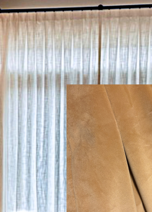 reverse pleat one way draw lined with black blackout lining camel coloured velvet